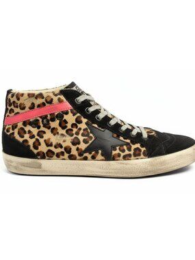 Golden Goose Mid Star Leopard Calf Hair Shearling Sneakers Pink Trim Size 40 10